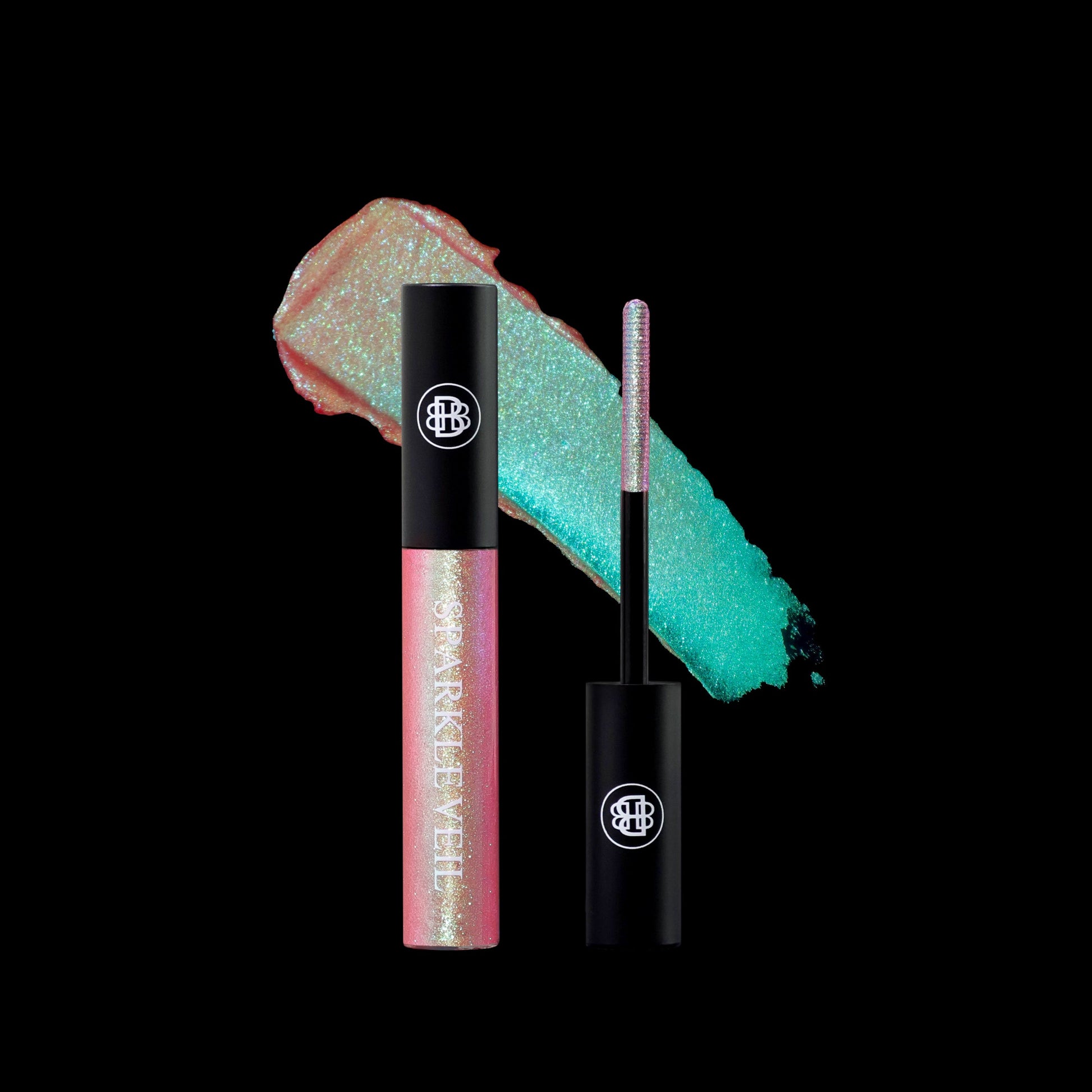 Astral Bloom tube and wand with a pink-to-mint sparkle swatch