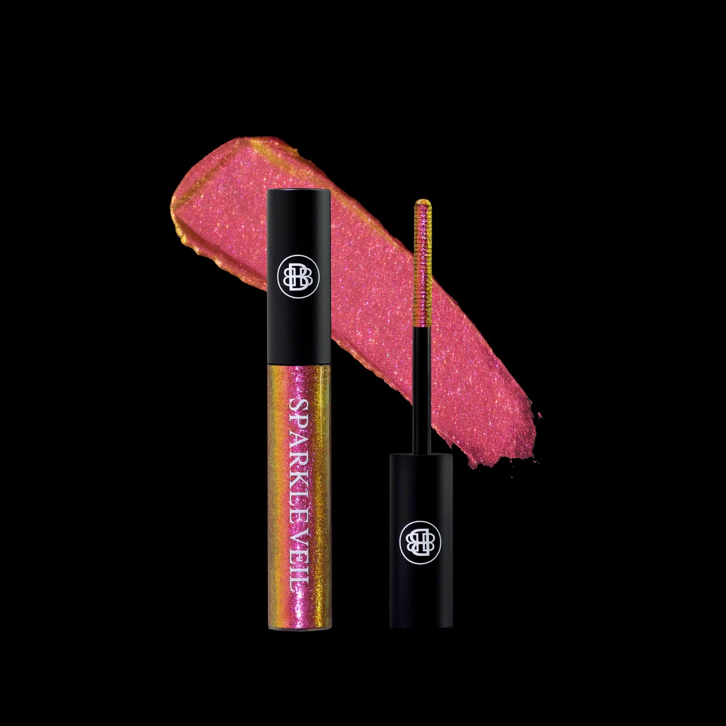 Blood Opal tube and wand with a coral-red sparkle swatch shifting gold