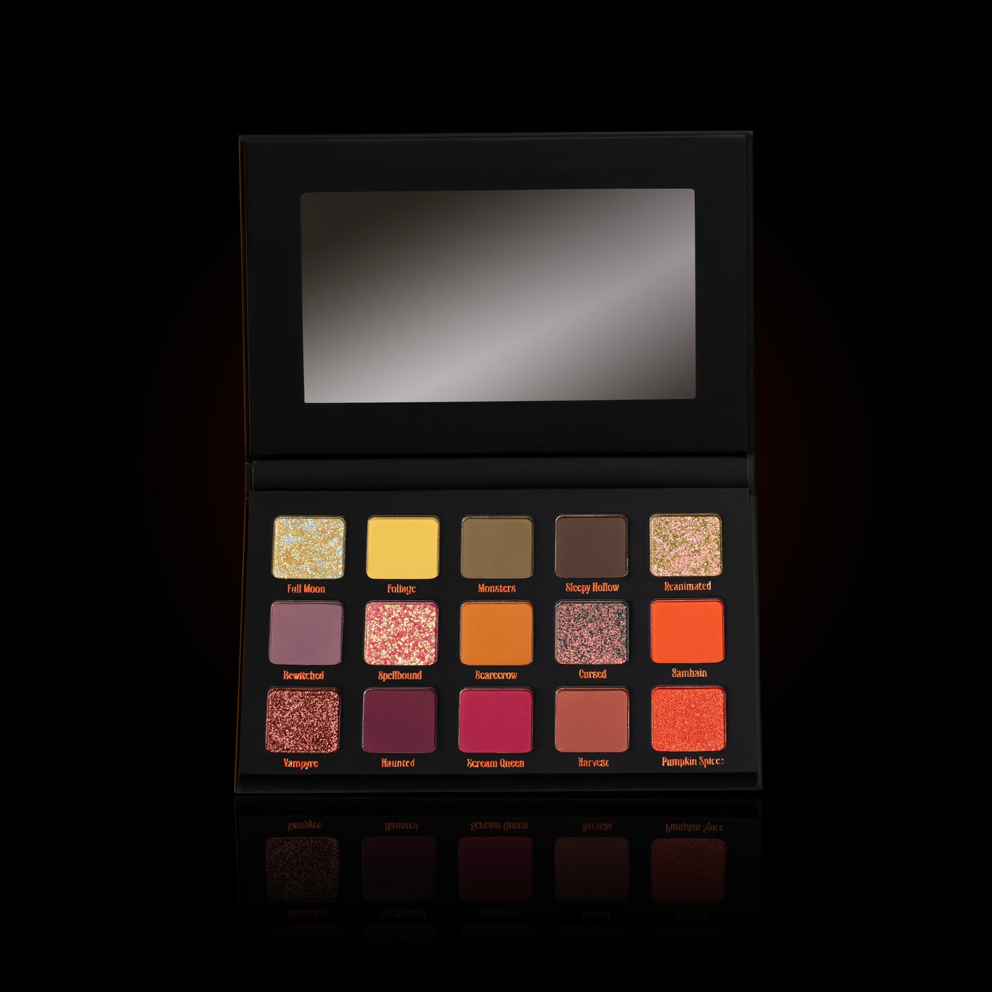 Palette open with the lid mirror showing, 15 labelled pans in three rows from Full Moon and Foliage through to Harvest and Pumpkin Spice