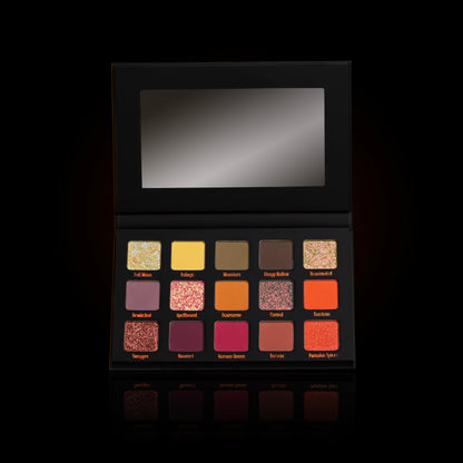 Palette open with the lid mirror showing, 15 labelled pans in three rows from Full Moon and Foliage through to Harvest and Pumpkin Spice