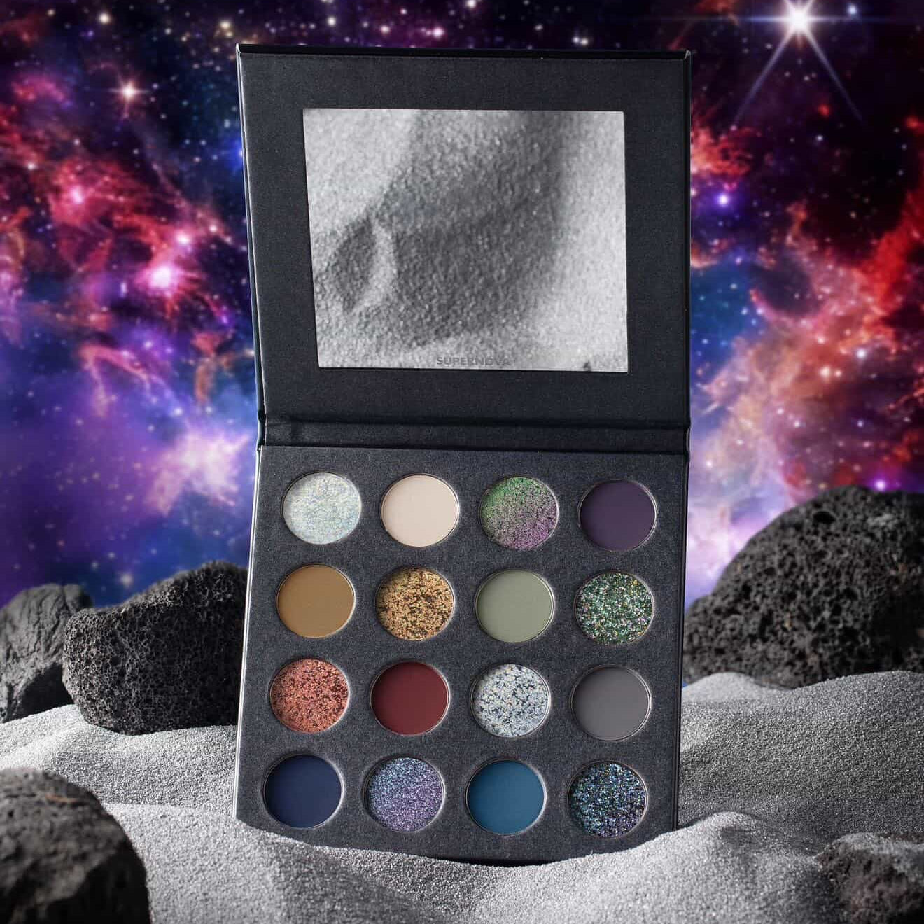 Kryptein Supernova palette open showing 16 shades: silver multichrome, green duochrome, deep teal, navy and burgundy mattes, against a nebula backdrop