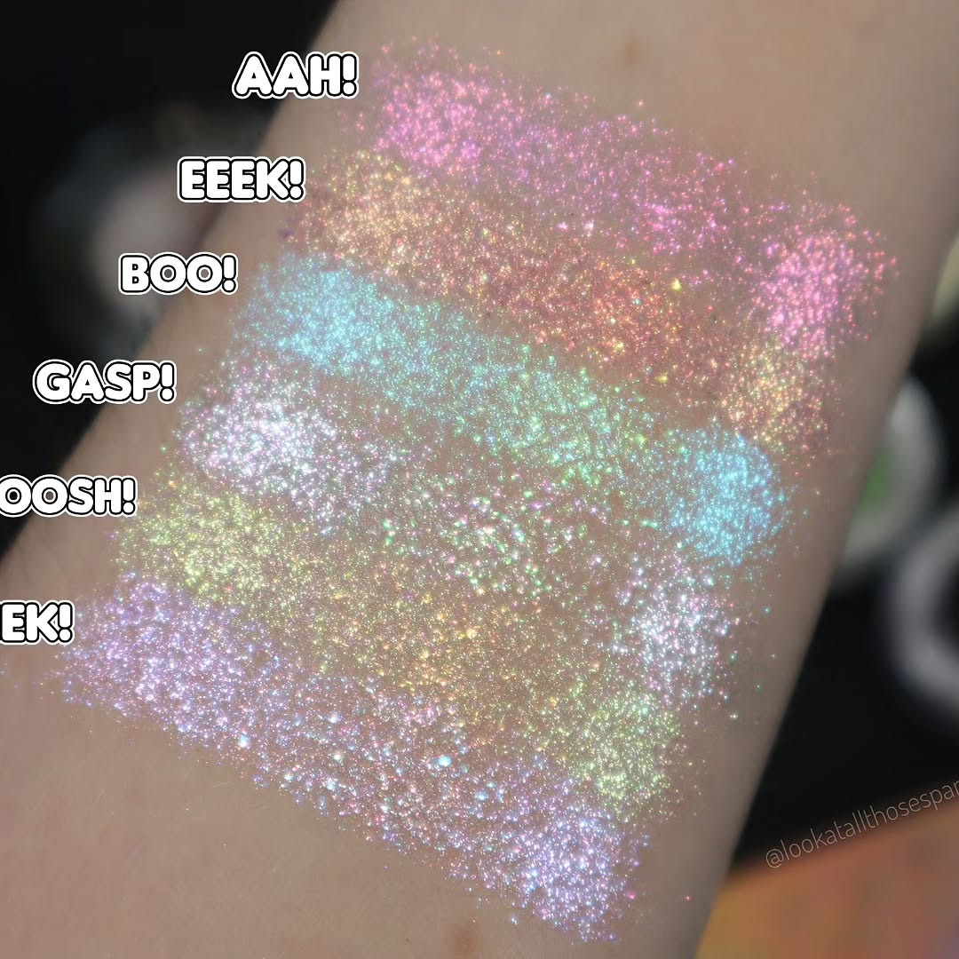 Wide arm swatches on light skin labelled Aah!, Eeek!, Boo!, Gasp!, Swoosh! and Shriek!, with a creator watermark in the corner.