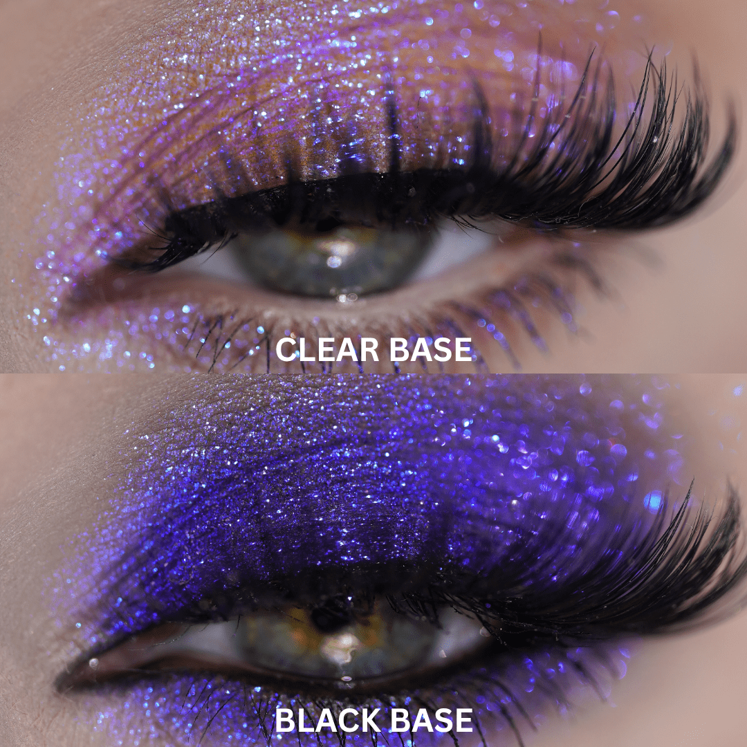 Eyelid swatch comparison of a purple multichrome pigment over a clear base versus a deeper, more saturated purple over black primer.
