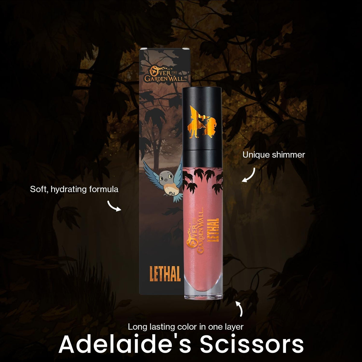 Adelaide's Scissors tube and box on a dark forest backdrop with brand callouts, labelled with the shade name