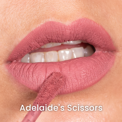 Adelaide's Scissors applied on light skin, greige pink, labelled with the shade name