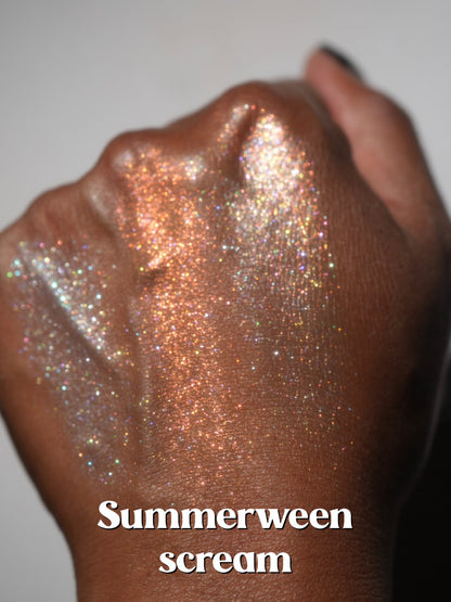 Summerween Scream blended across the back of a hand on deep skin, copper and silver.