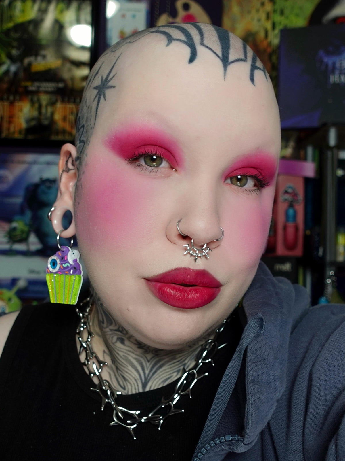 Ghostie, the blue-based red, worn on the lids, cheeks and lips.