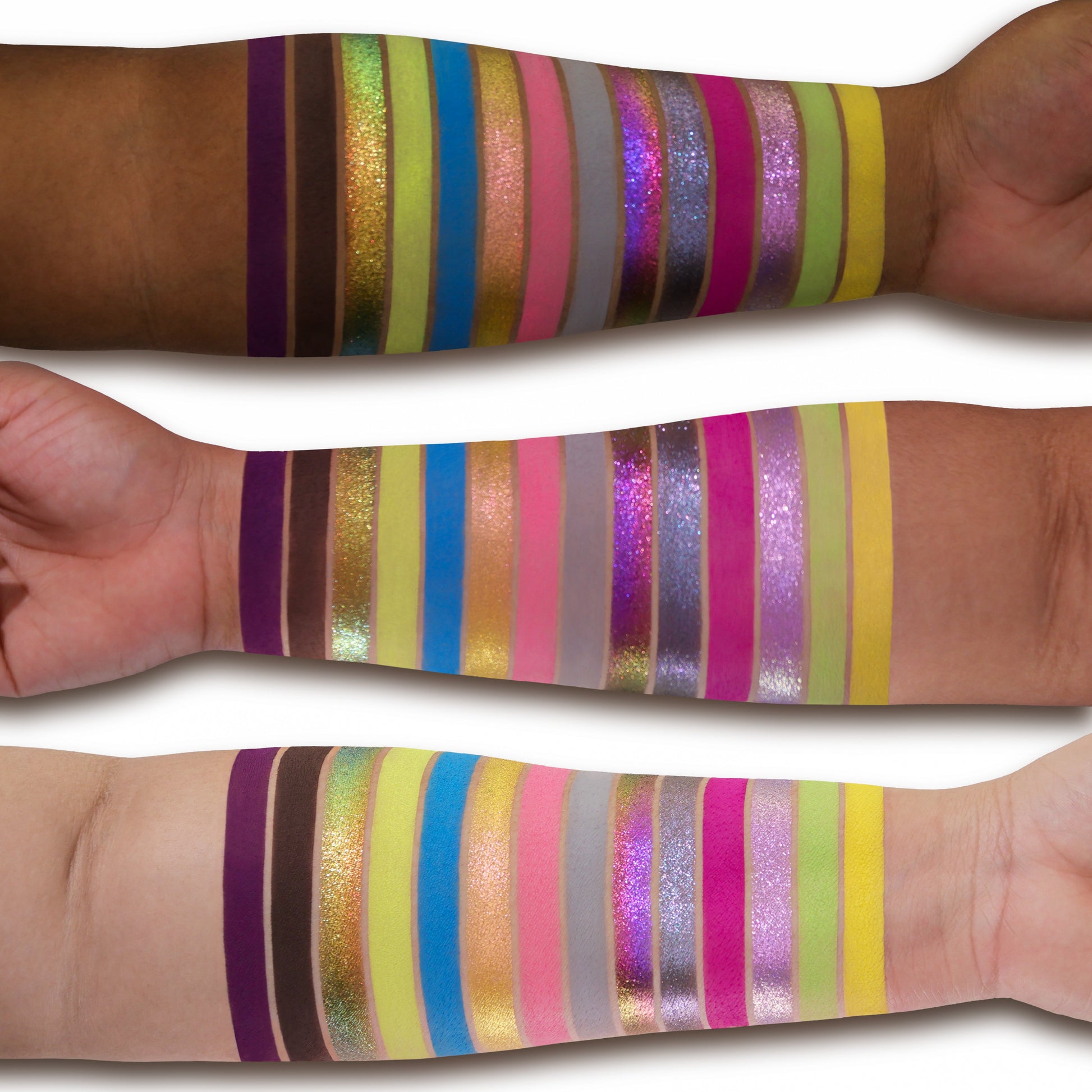 Summerween palette swatches on three skin tones, the full set of neon mattes, colour-shifting sparkles, and deep purples and browns swiped side by side