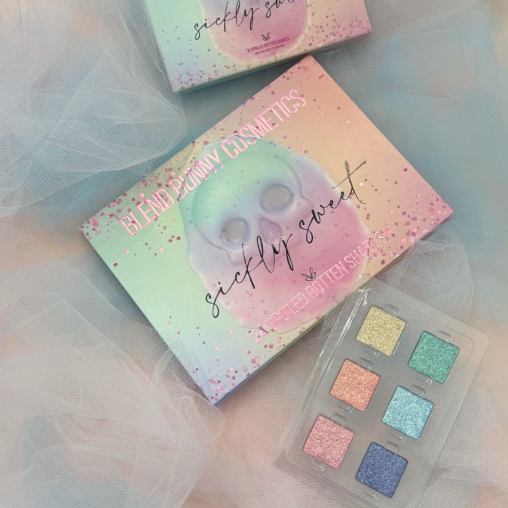 Sickly Sweet shimmers box beside the Sickly Sweet palette box and the open six-pan tray on pale tulle