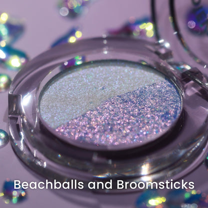 The Beachballs and Broomsticks compact open on lilac with iridescent confetti, split pale and pink-purple.