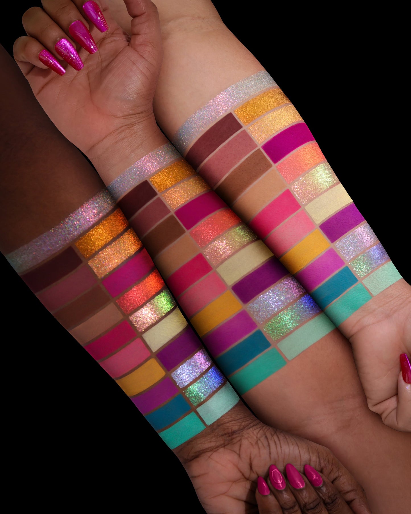 Ensley Reign Strawberry Moon eyeshadow palette swatched on three skin tones, all 21 shades from mint and teal through gold, coral, and magenta
