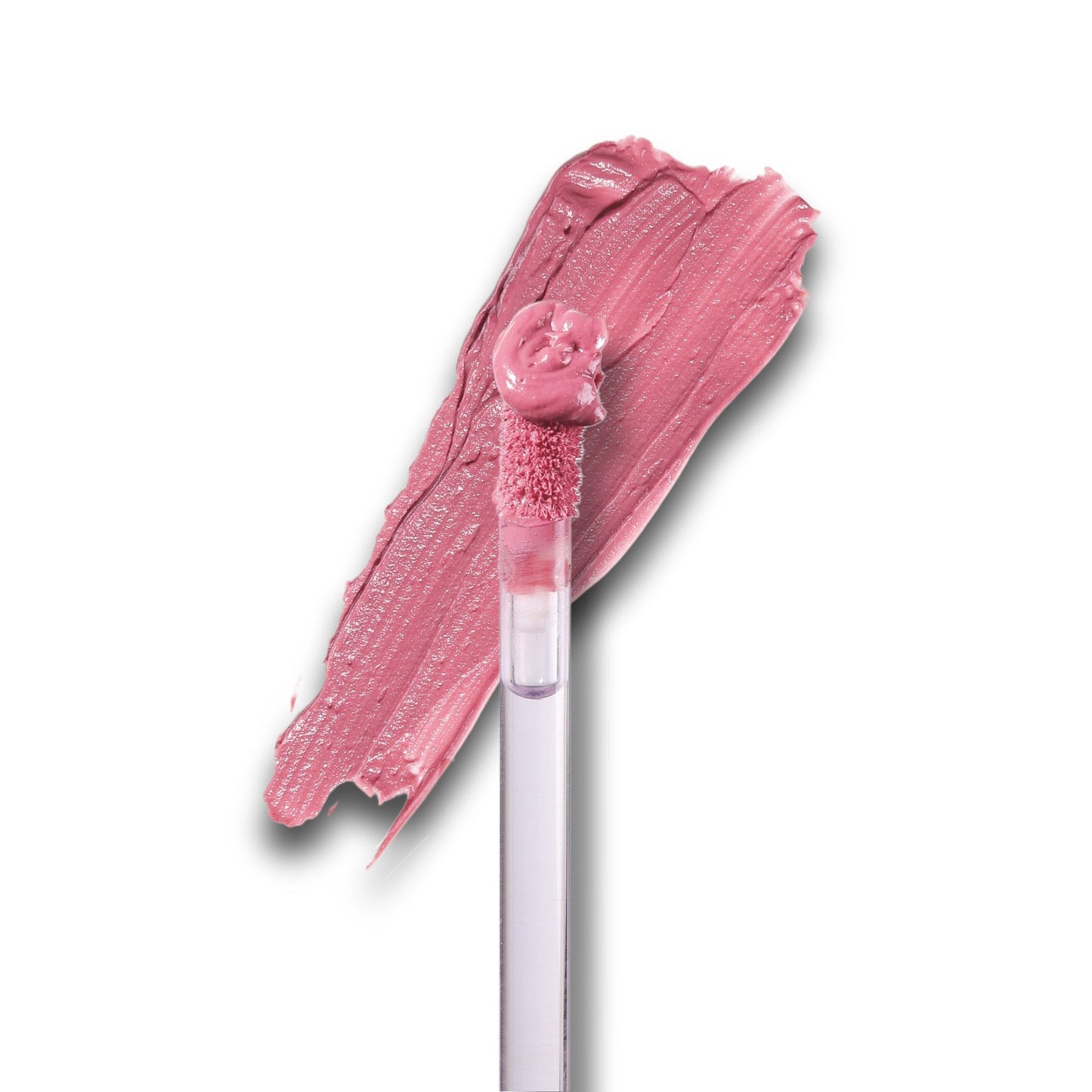 Bloom lip mud swatch on white, a pale petal pink mousse drawn out beside the applicator.