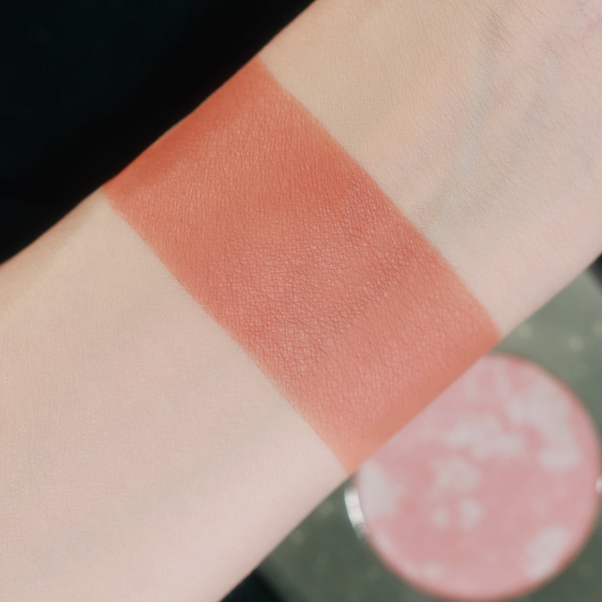 Evocation swatched on light skin beside its marbled pan, a warm terracotta coral