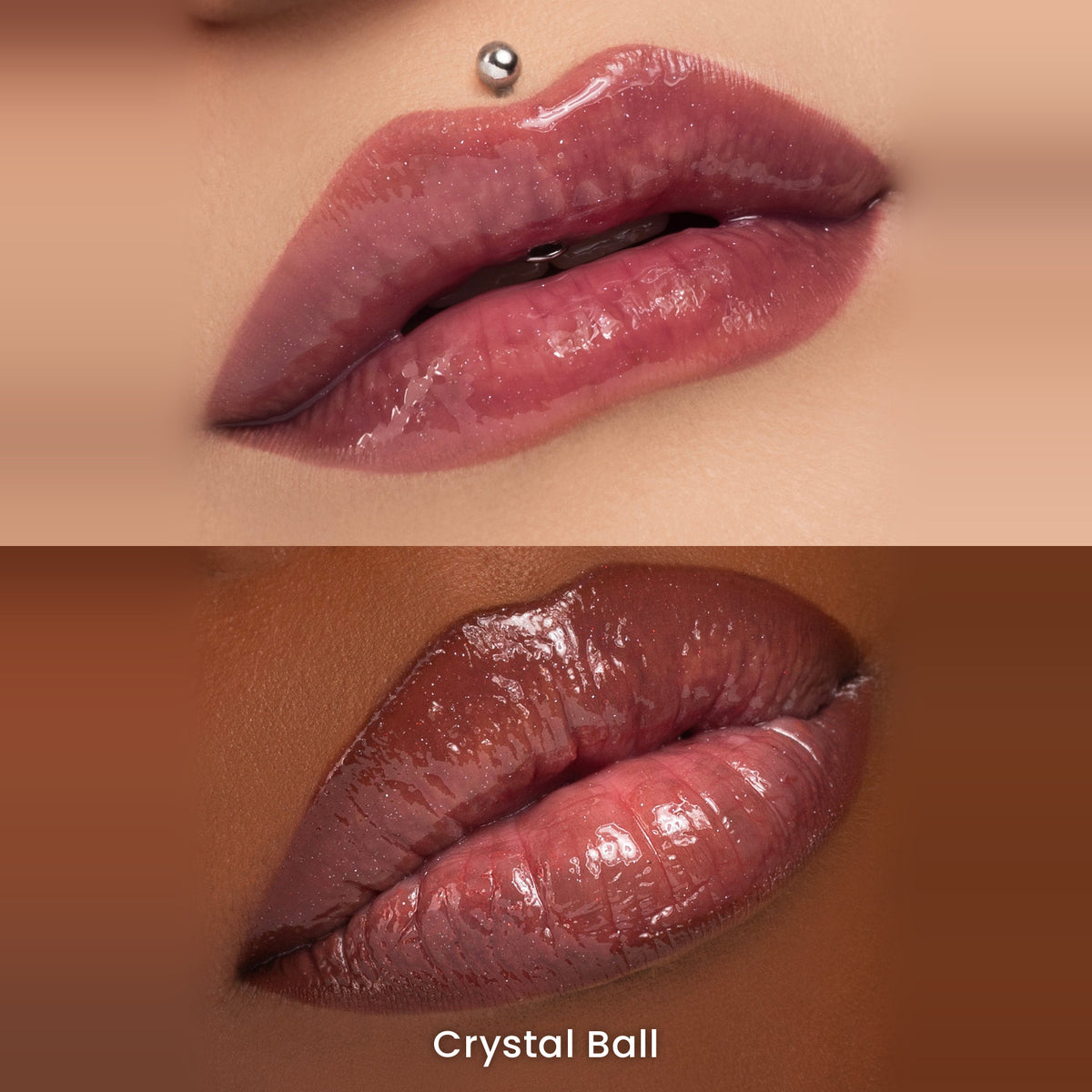 Unearthly Cosmetics Crystal Ball Ghoul Glaze lip gloss on a fair and a deep skin tone, stacked, sheer smoky purple-grey with silver sparkle