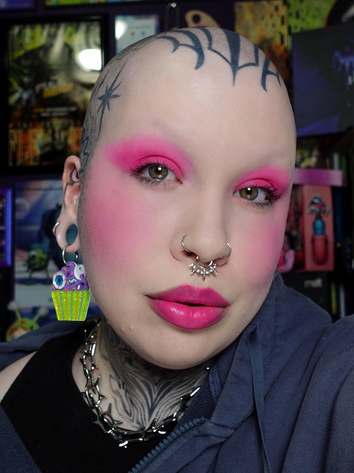 Ghoulie, the hot blue-based pink, worn on the lids, cheeks and lips.