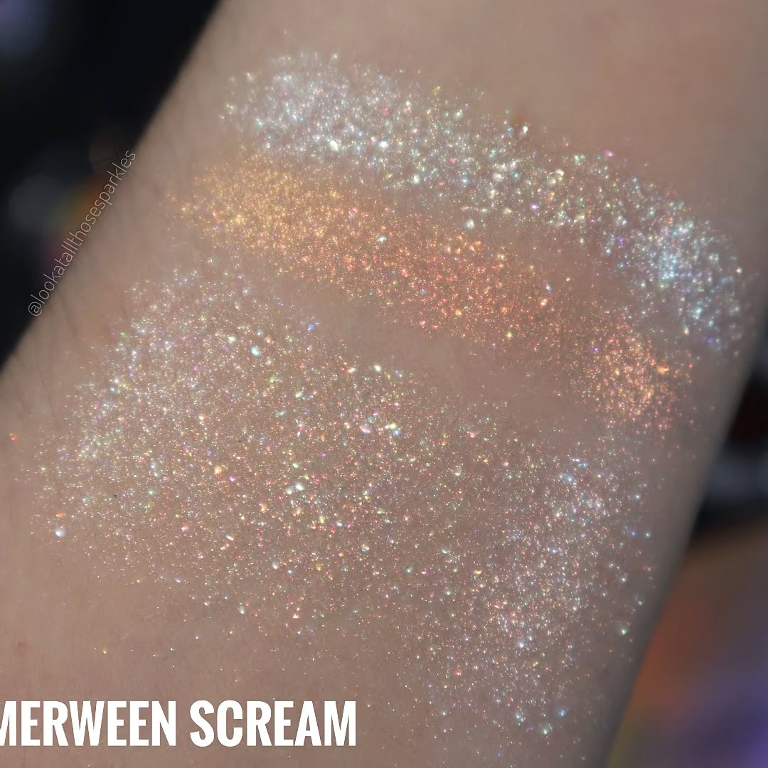 Summerween Scream swatched twice on light skin, pressed and blended, with a creator watermark.