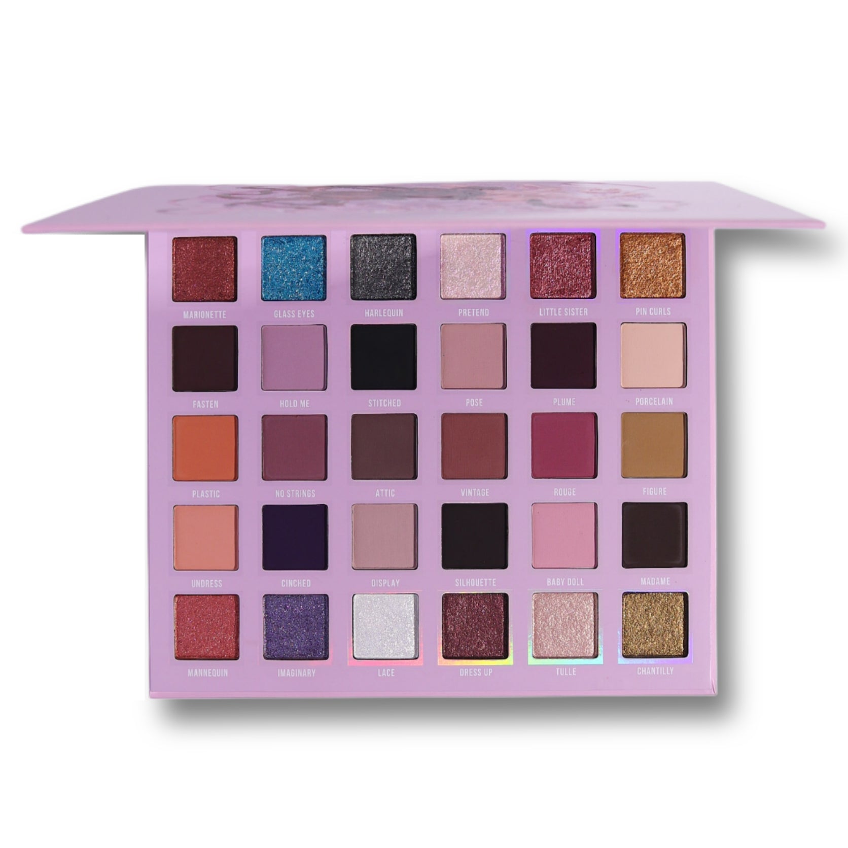 The Dollhouse palette open, showing the 30-pan grid of mauve, rose, brown, and smoky neutral shades with names on each pan