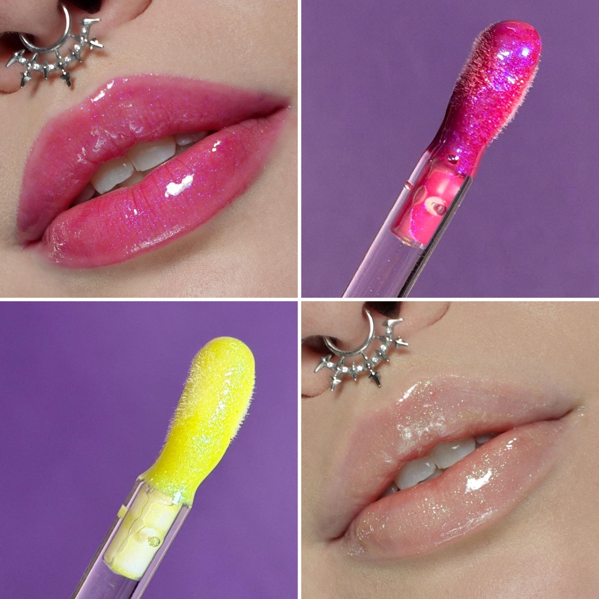 Four panel grid of doefoot applicators and lip wear for the sparkling berry, iridescent and yellow-green shades