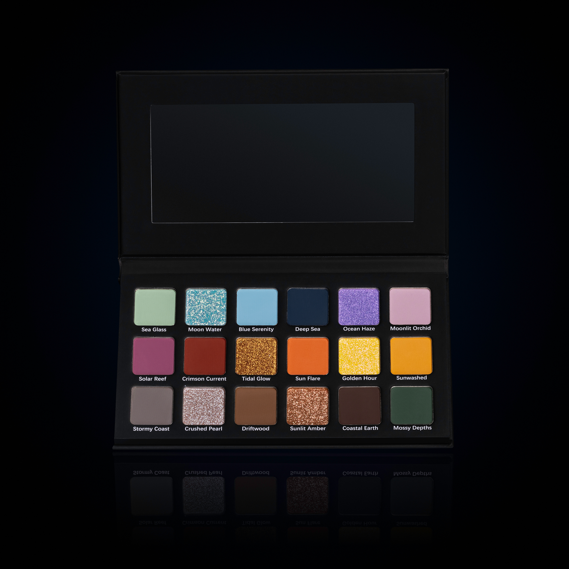 Opal Abyss palette open, showing 18 shades in three rows: oceanic greens and blues, rosy and rust mid-tones, and warm bronzes and neutrals