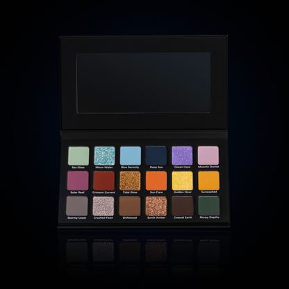 Opal Abyss palette open, showing 18 shades in three rows: oceanic greens and blues, rosy and rust mid-tones, and warm bronzes and neutrals