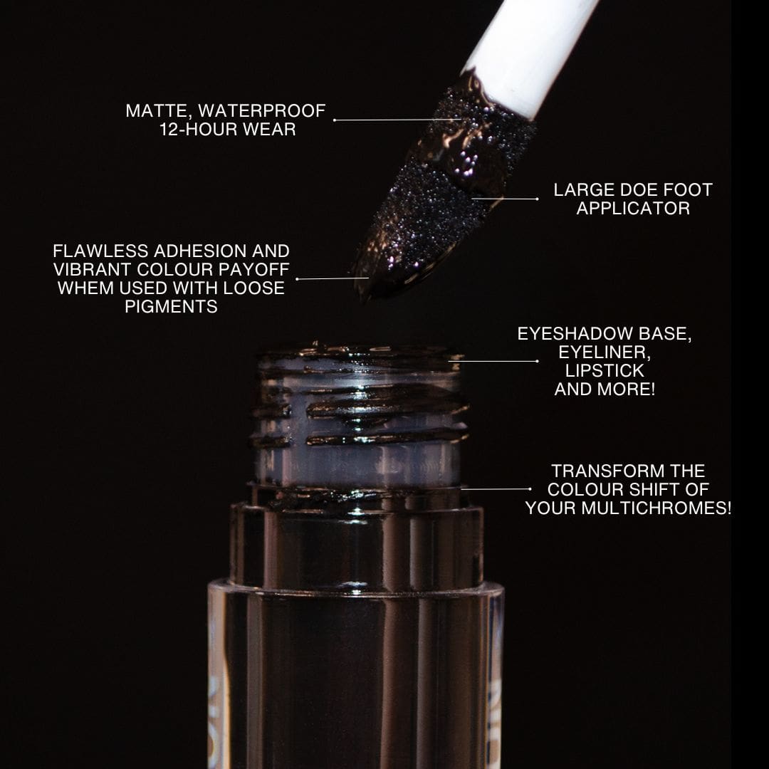 Doe foot applicator loaded with black primer held above the open bottle, with callouts for matte 12-hour wear and pigment adhesion.
