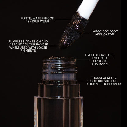 Doe foot applicator loaded with black primer held above the open bottle, with callouts for matte 12-hour wear and pigment adhesion.