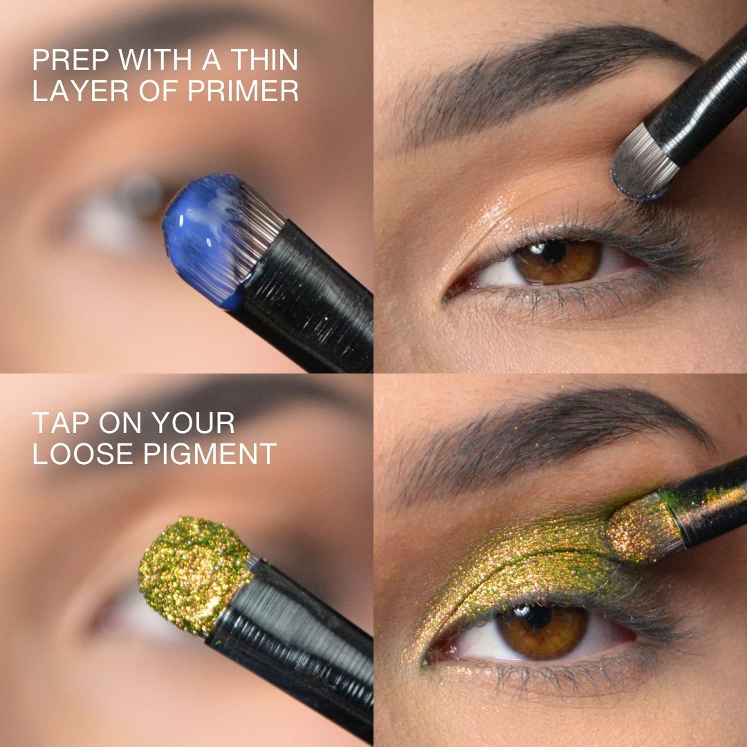 Four step demo on medium brown skin: blue primer tapped onto the eyelid with a flat brush, then gold green loose pigment pressed on top for a metallic eye look.
