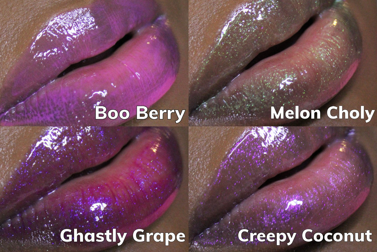 Four lip shots in a grid labelled Boo Berry, Melon Choly, Ghastly Grape and Creepy Coconut