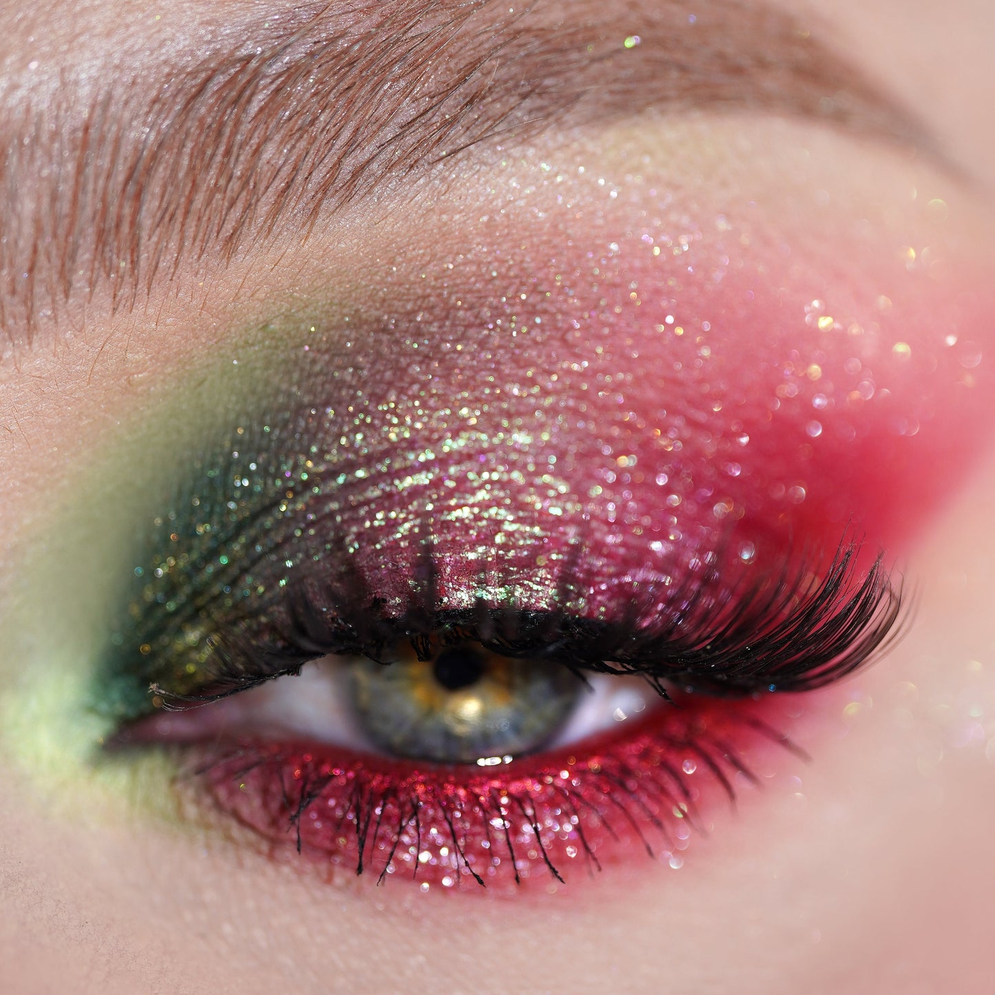Eye look using the Strawberry Picnic palette, sparkling red and green lid with gold shimmer