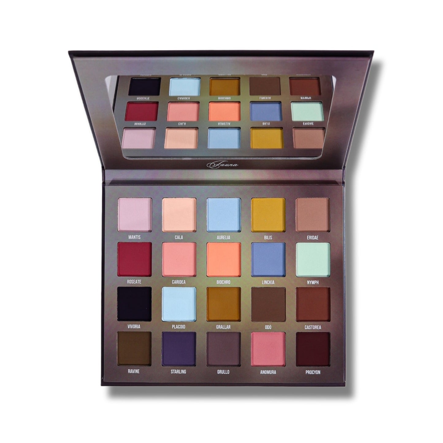 Blend Bunny x Mei Pang Fauna eyeshadow palette open, showing 20 matte shades in four rows with a mirrored lid