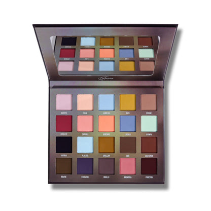 Blend Bunny x Mei Pang Fauna eyeshadow palette open, showing 20 matte shades in four rows with a mirrored lid