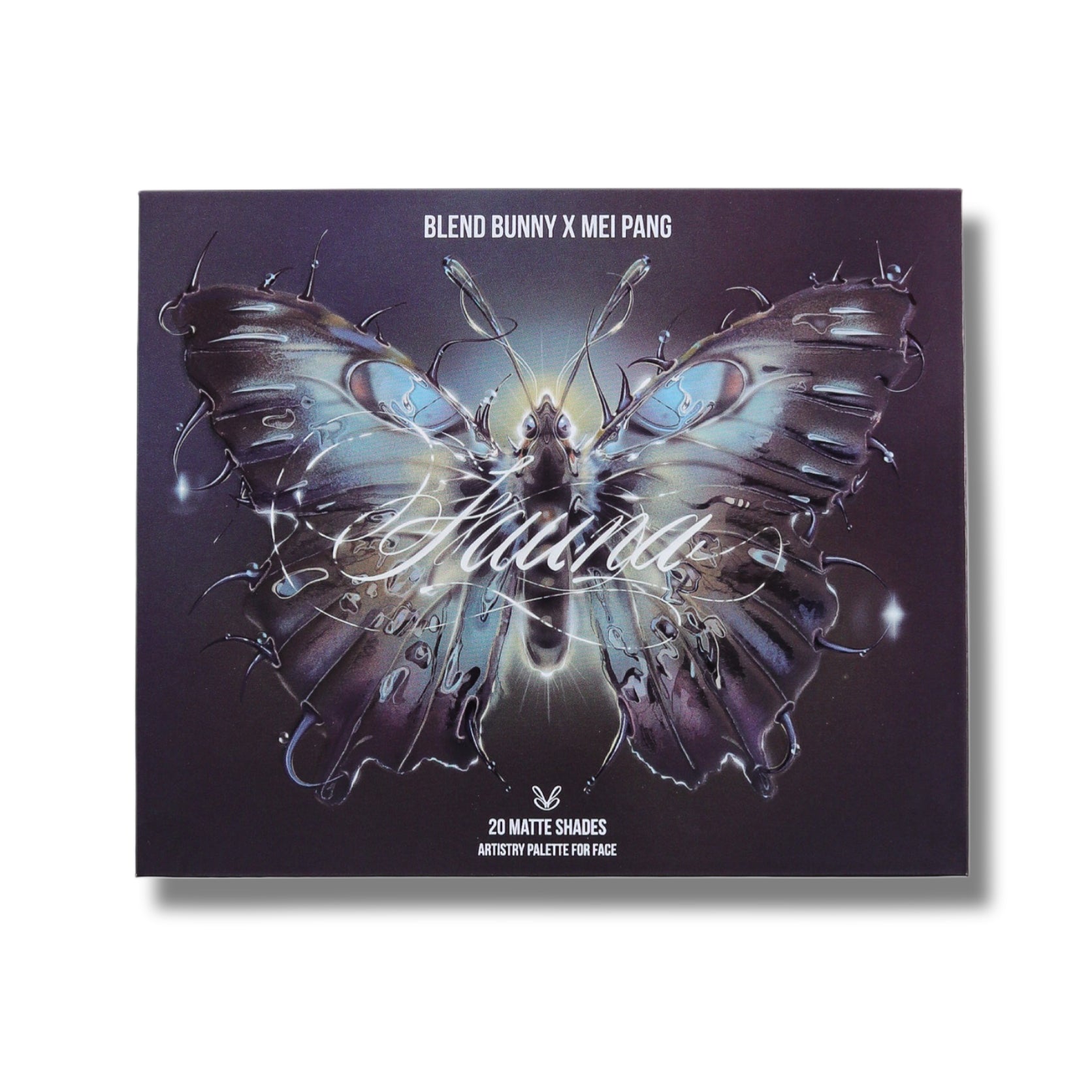 Fauna palette closed, dark box with an iridescent butterfly cover illustration and Blend Bunny x Mei Pang lettering