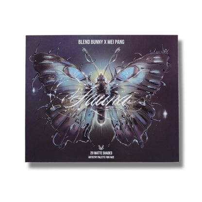 Fauna palette closed, dark box with an iridescent butterfly cover illustration and Blend Bunny x Mei Pang lettering