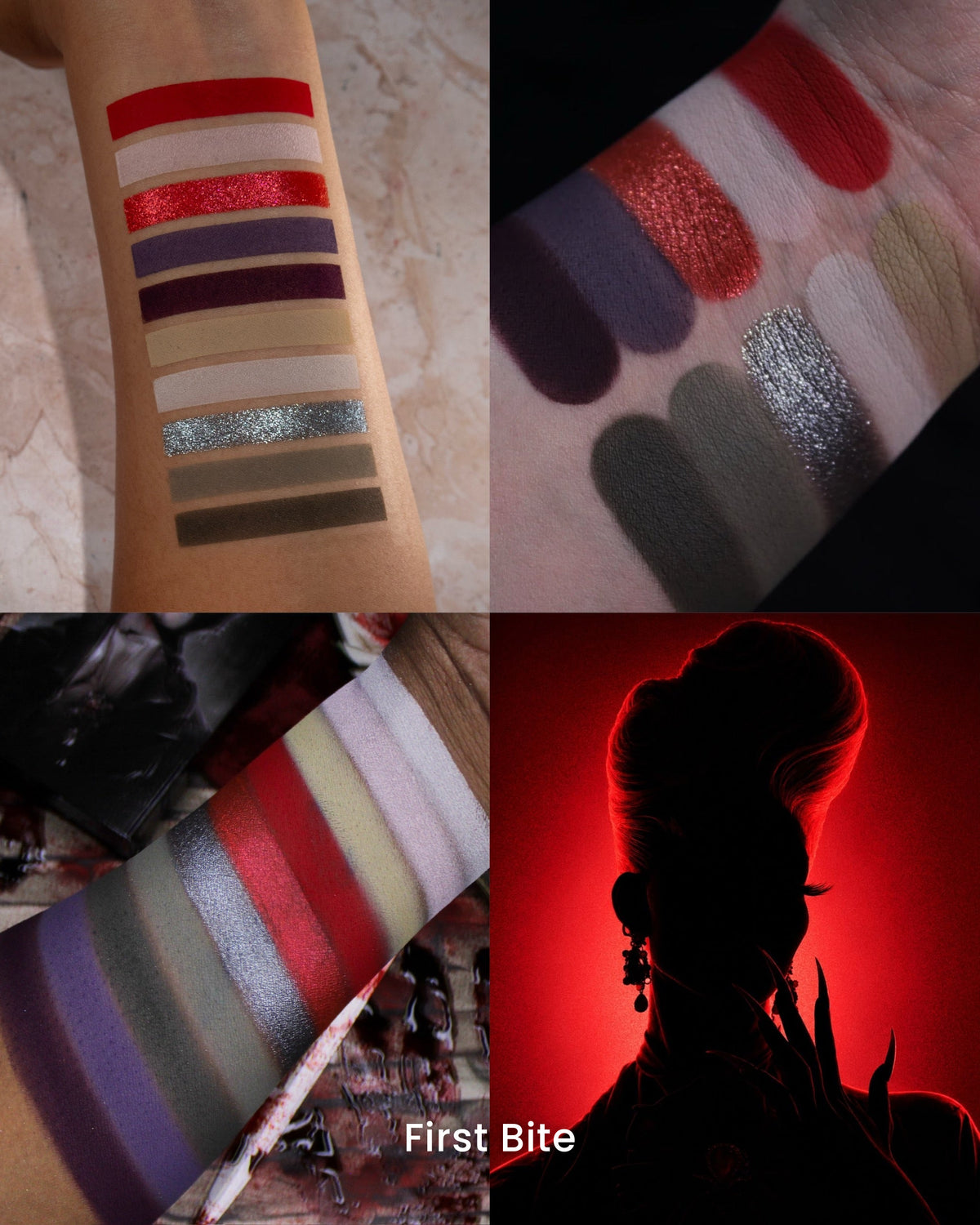 First Bite shades swatched on three skin tones, reds, purples and greys with red and silver shimmers, beside a red-backlit vampire silhouette.