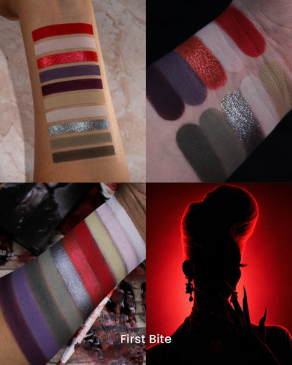 First Bite shades swatched on three skin tones, reds, purples and greys with red and silver shimmers, beside a red-backlit vampire silhouette.