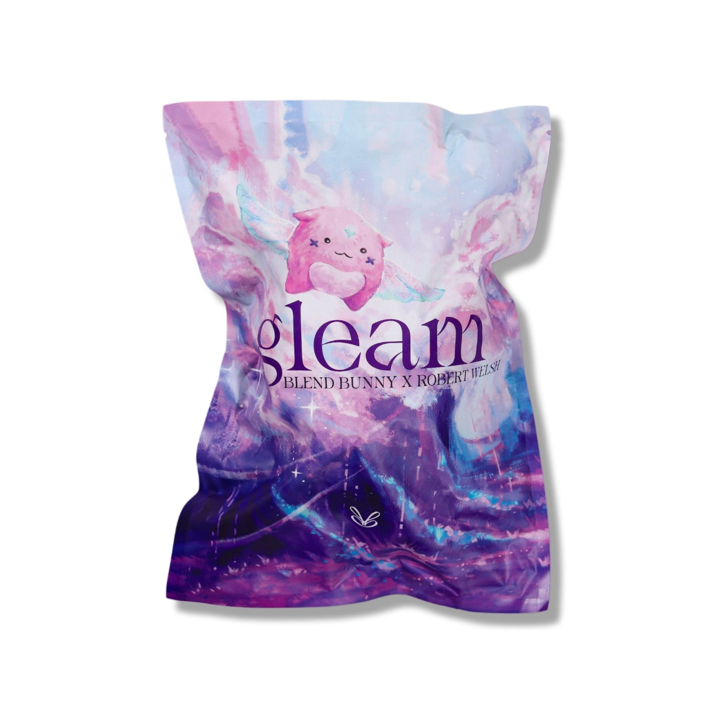Sealed Gleam packaging pouch printed with pink and purple cloudscape artwork and the gleam lettering.