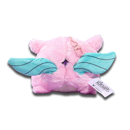 Back of the Gleam plush keychain, pink fabric with mint wings spread, the attachment loop at the top and a printed hang tag.