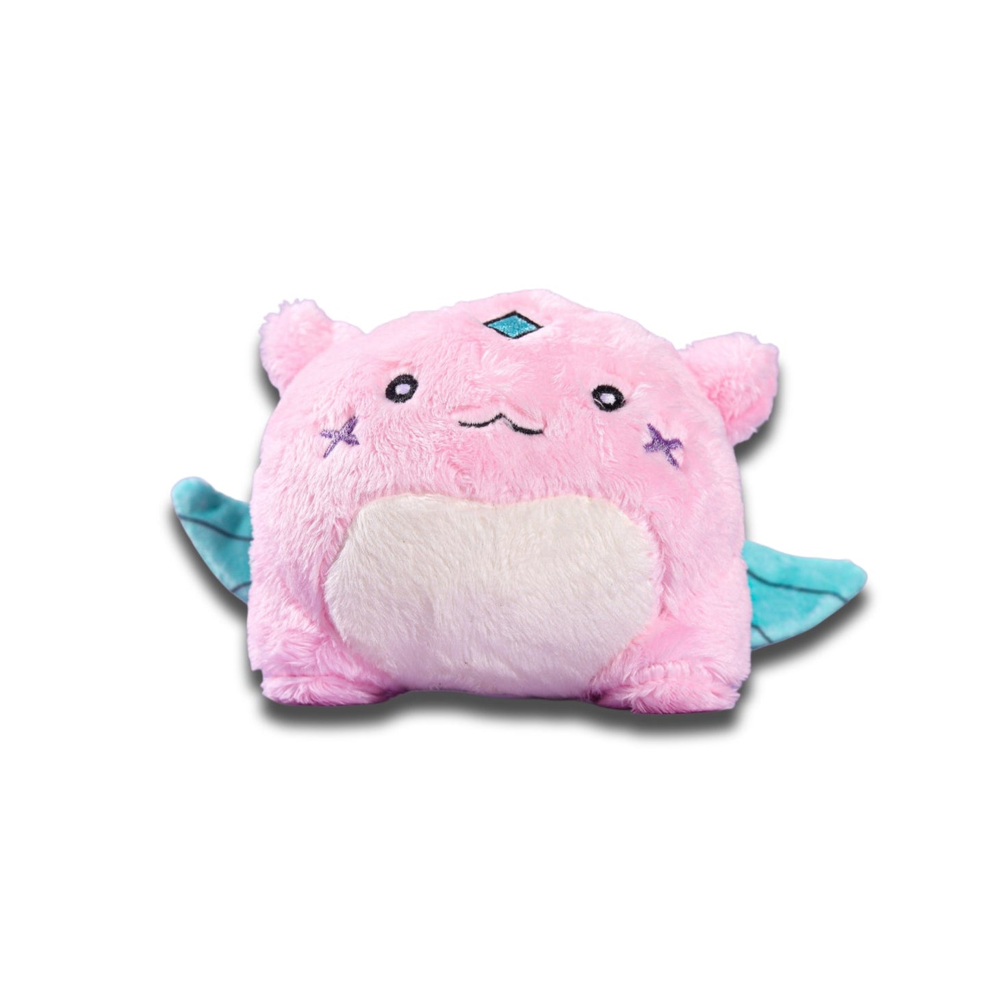 Gleam plush keychain from the front, a pink critter with mint feathered wings, a cream belly and a blue gem on the forehead.