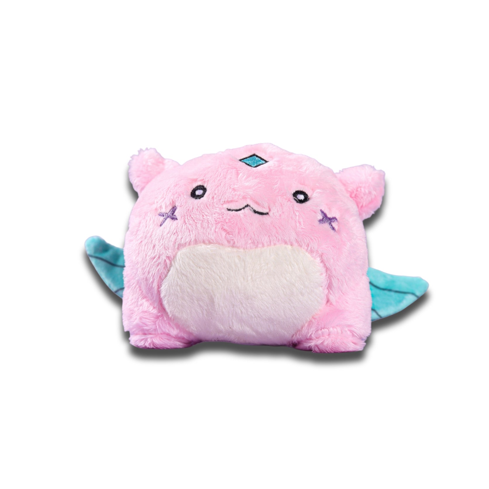 Gleam plush keychain from the front, a pink critter with mint feathered wings, a cream belly and a blue gem on the forehead.