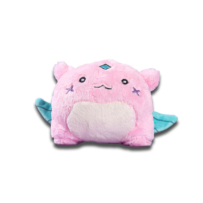 Gleam plush keychain from the front, a pink critter with mint feathered wings, a cream belly and a blue gem on the forehead.
