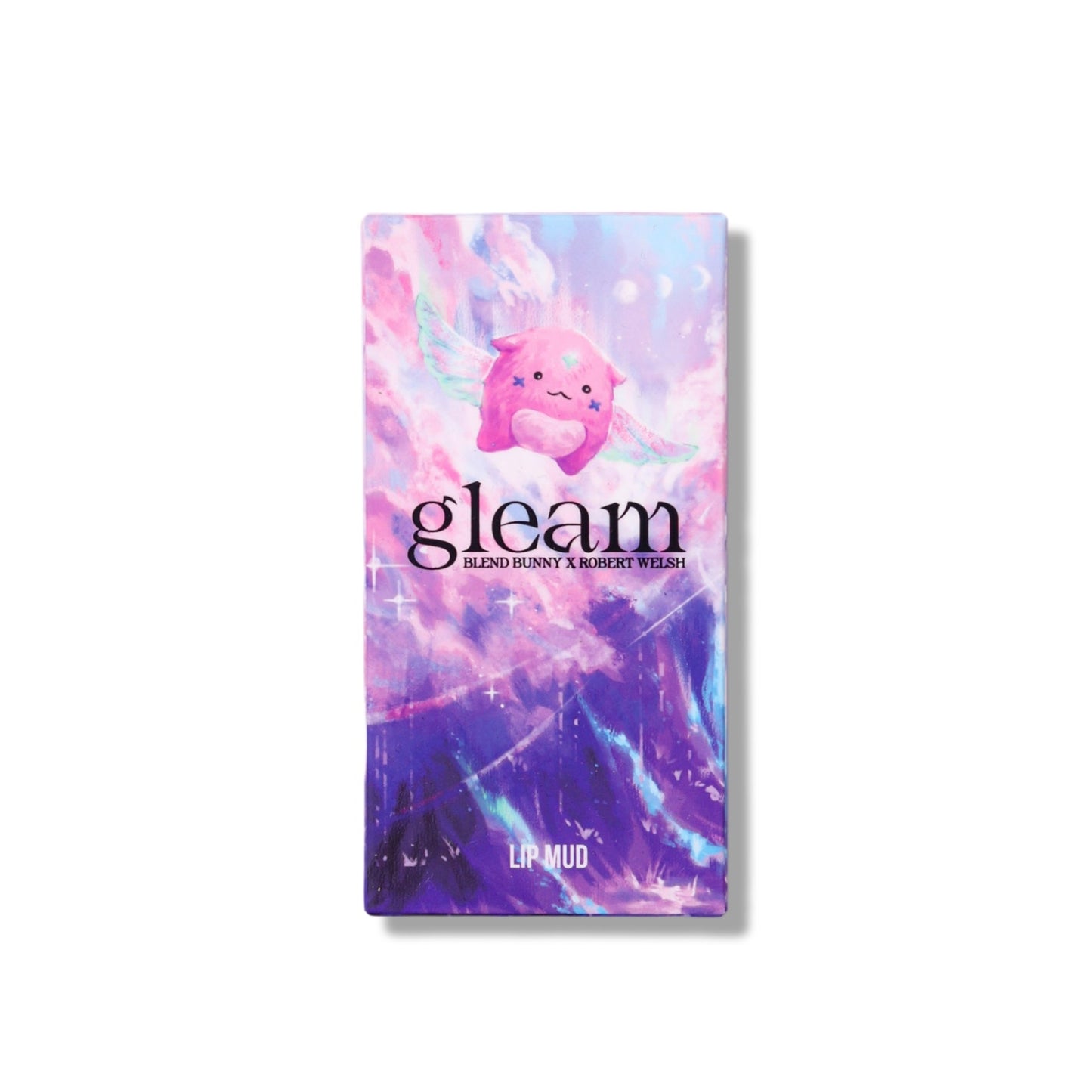 Gleam side outer carton, pink and purple cloudscape artwork with the gleam lettering.