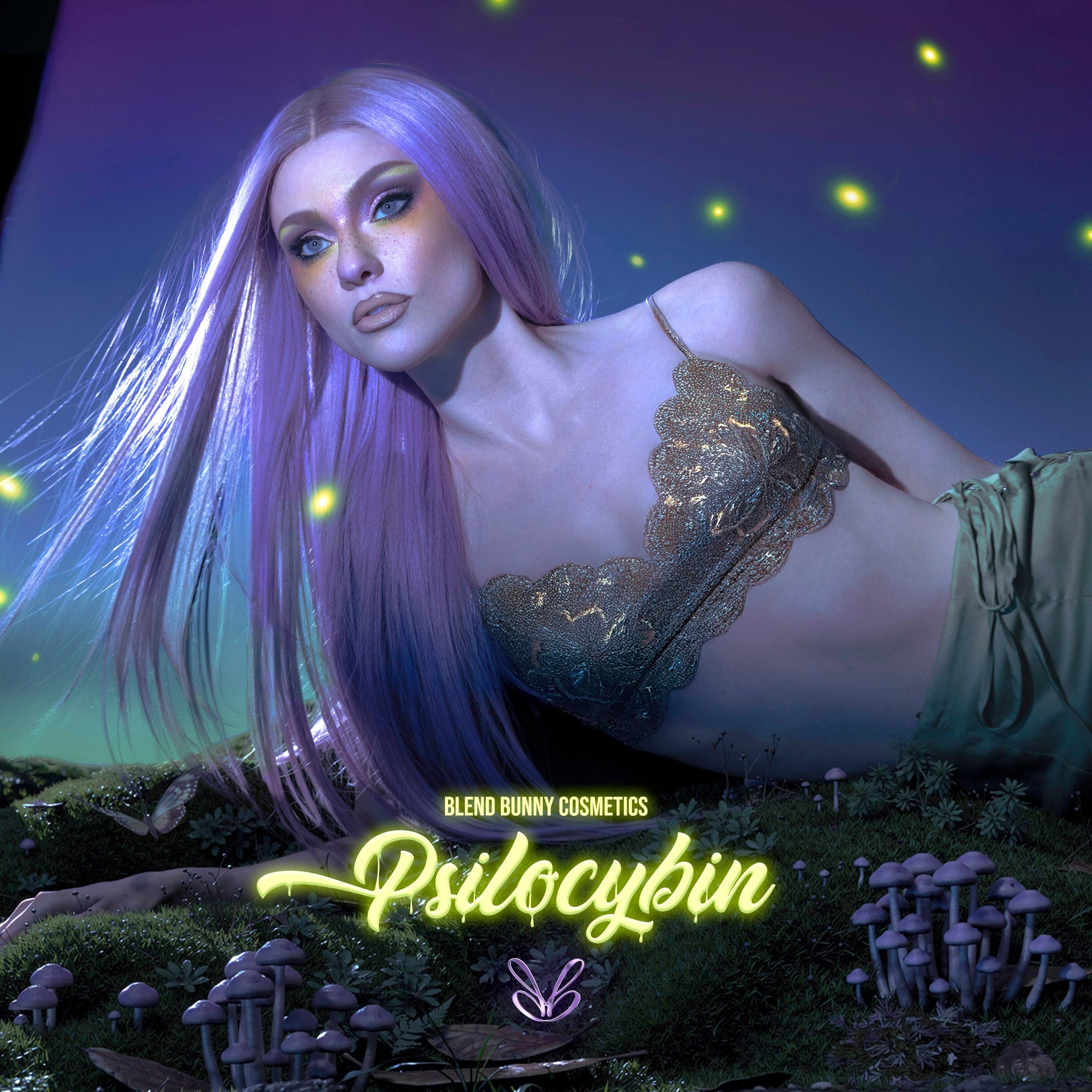 Model with long lilac hair lying in a glowing mushroom field wearing a soft shimmery Psilocybin look, palette name in green script