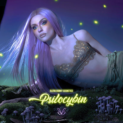 Model with long lilac hair lying in a glowing mushroom field wearing a soft shimmery Psilocybin look, palette name in green script