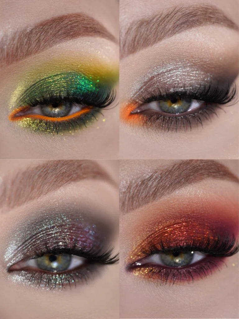 Four eye looks created with the Bonfire palette: green and orange, silver smoky, multichrome sparkle, and warm copper