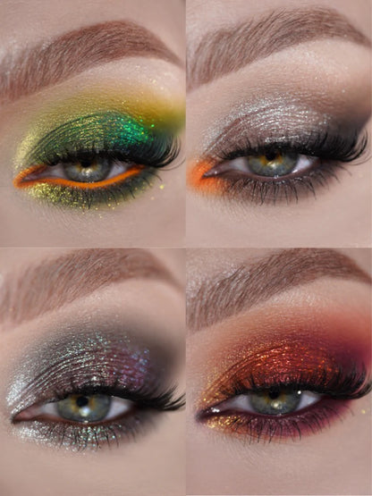 Four eye looks created with the Bonfire palette: green and orange, silver smoky, multichrome sparkle, and warm copper