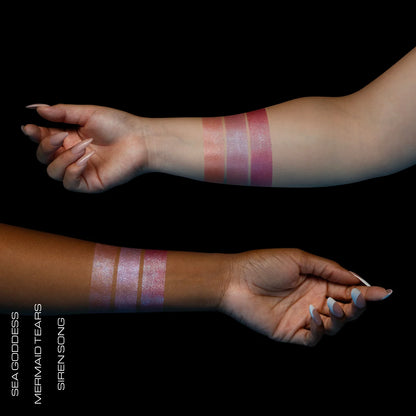 Arm swatches of all three Menacing Metals shades on light and deep skin tones, labelled Sea Goddess, Mermaid Tears and Siren Song