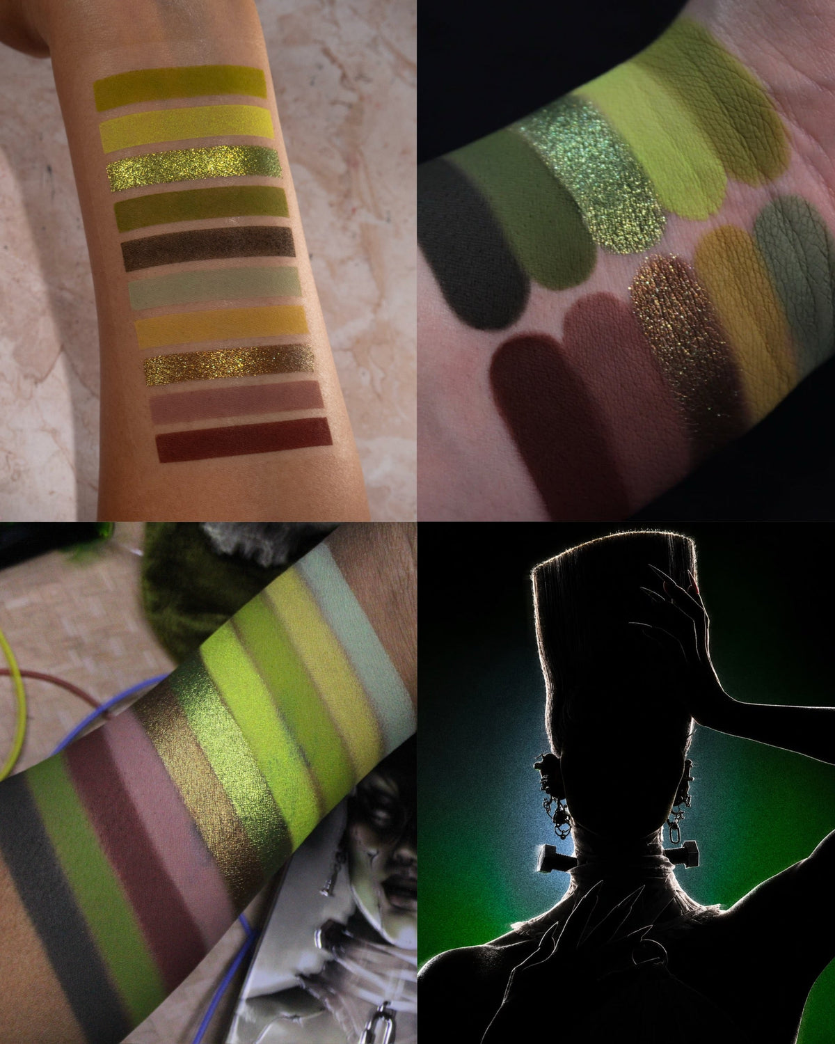 Frankenstein shades swatched on three skin tones, greens, mustard and browns with olive and bronze shimmers, beside a silhouette with neck bolts.