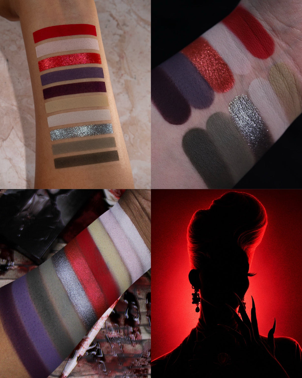 Vampire shades swatched on three skin tones, reds, purples and greys with red and silver shimmers, beside a red-backlit vampire silhouette.