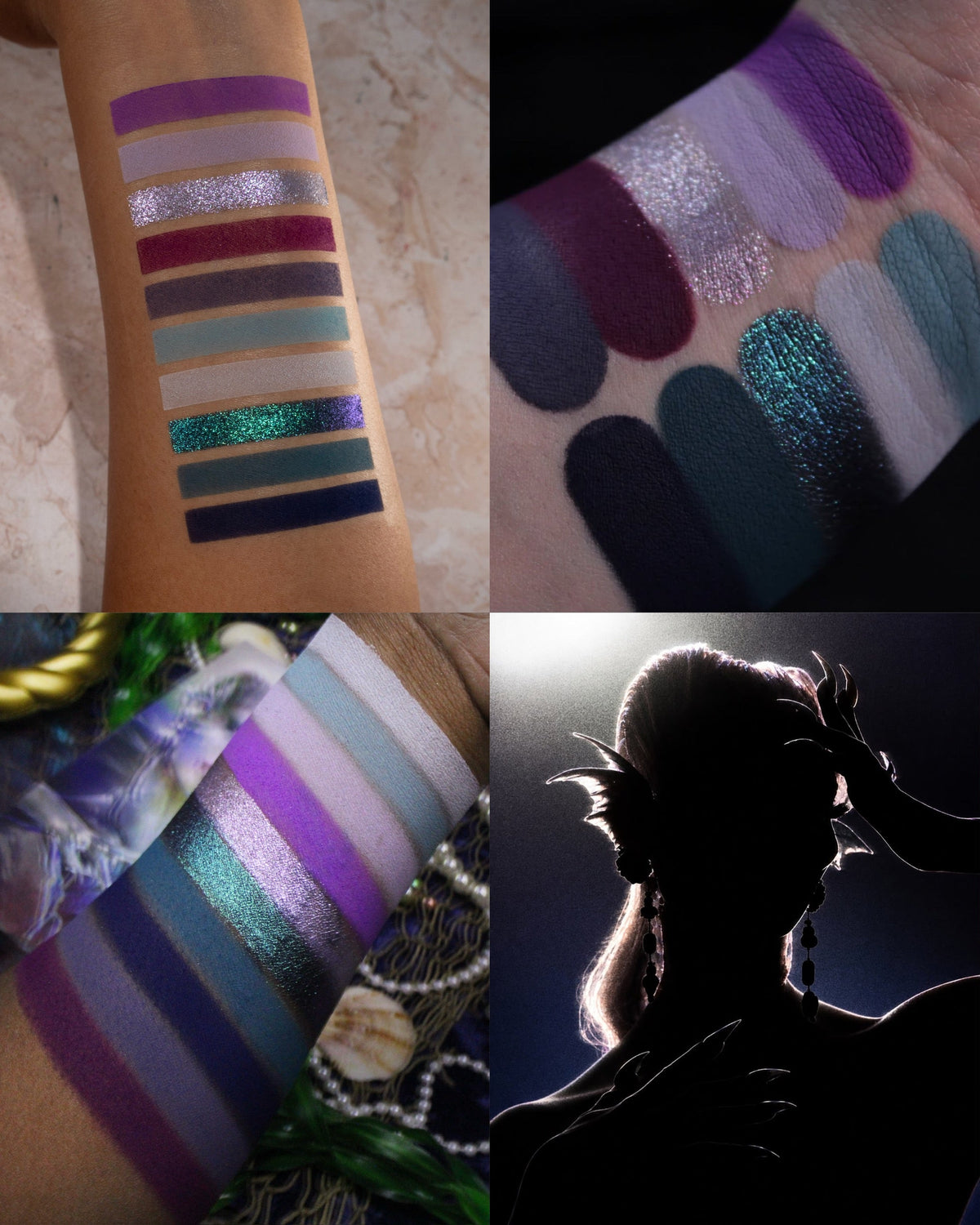 Siren shades swatched on three skin tones, purples, blues and teals with lilac and teal shimmers, beside a backlit siren silhouette with fin ears.