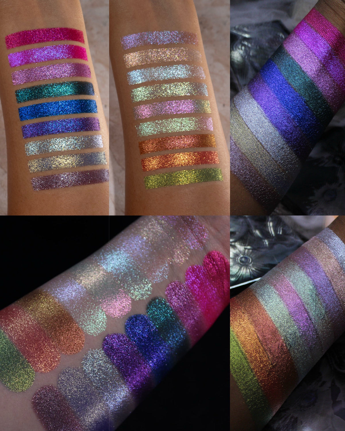 Arm swatches of all 18 Final Offering shimmers on three skin tones, pinks, teals, blues, purples, oranges and olive green.